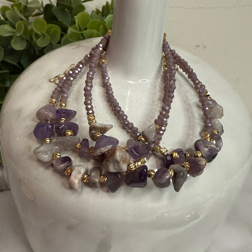 Authentic Purple Amethyst & White Quartz Chips Bracelets - Set of 3